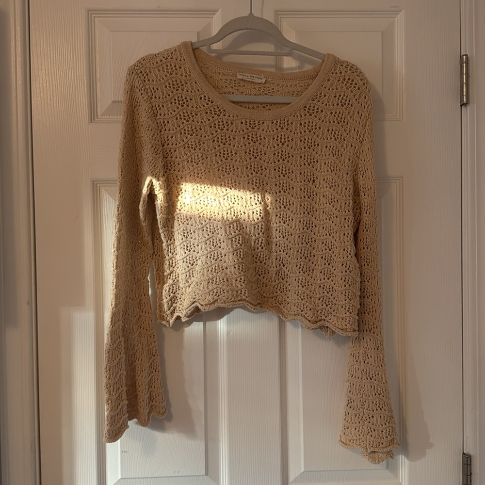Cream Crochet Bell Sleeve Top